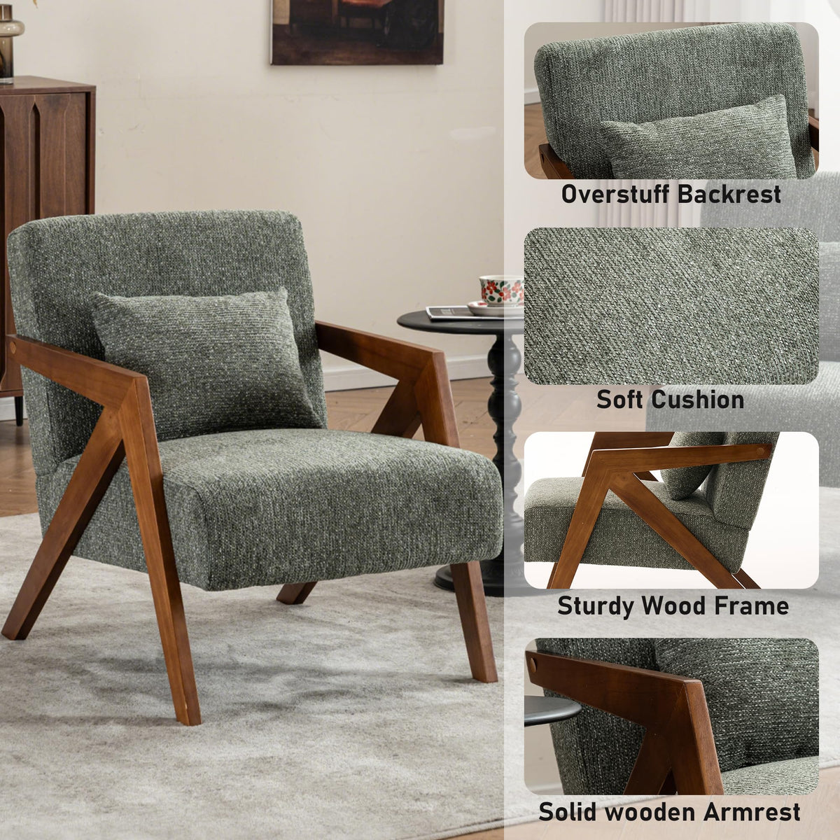 Mid-Century Modern Chenille Accent Chair Set of 2 with Wood Frame F71272